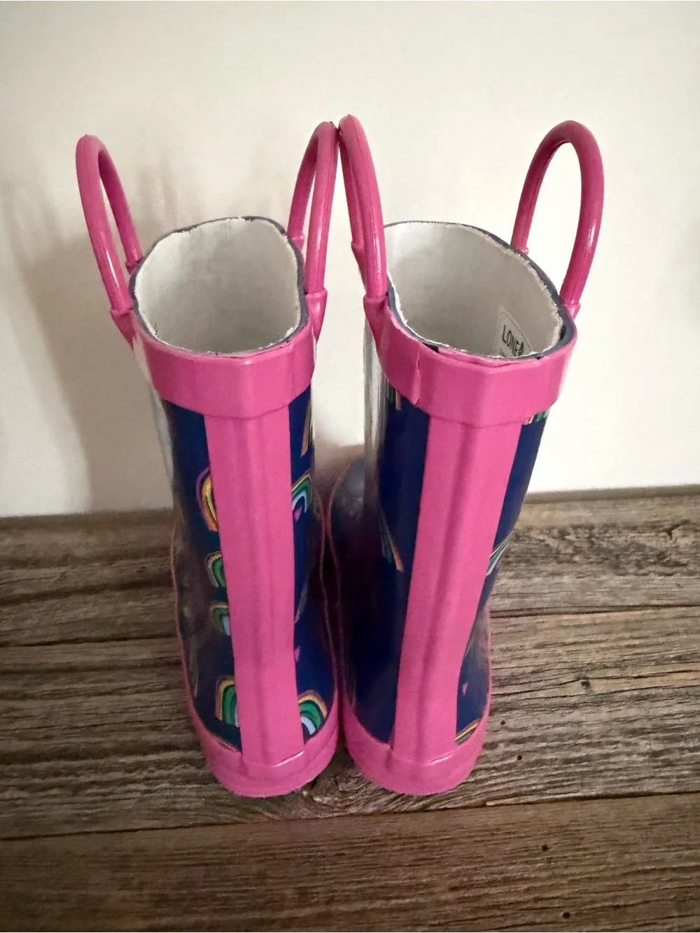 Girls Navy Rainbow Print Rain Boots with Pink Trim